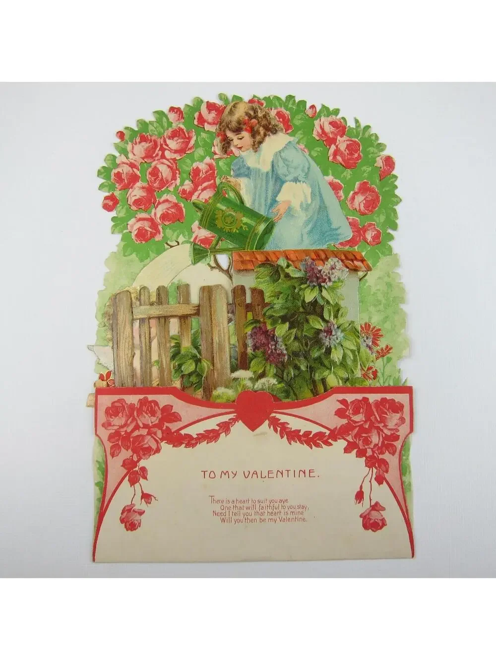 Antique Valentine Honeycomb 3D Pop Up Girl Blue Dress Cupid Roses LARGE UNSIGNED